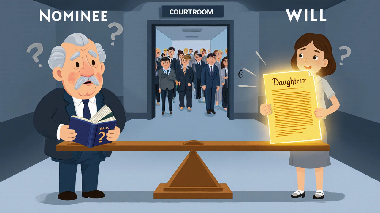 An elderly man confused by the difference between nominee and heir, with a legal scale showing conflict, and a courtroom in the distance.