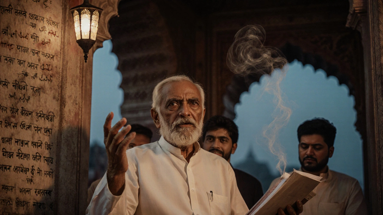 An elderly man reciting Urdu poetry near Jama Masjid at dusk, surrounded by listeners in the fading light.