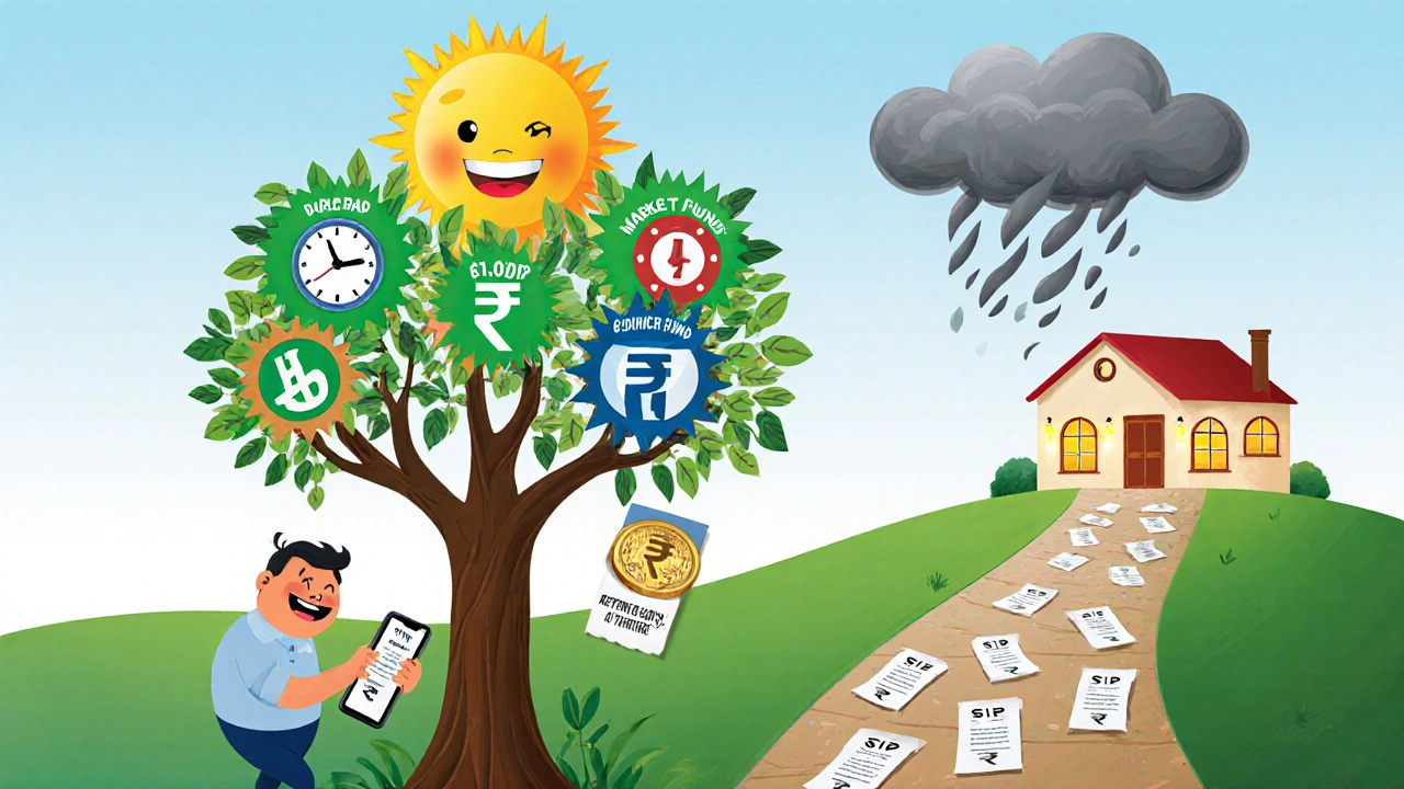 An investor setting up a monthly SIP, with a tree of mutual funds growing under a sunny sky as a market storm passes by.
