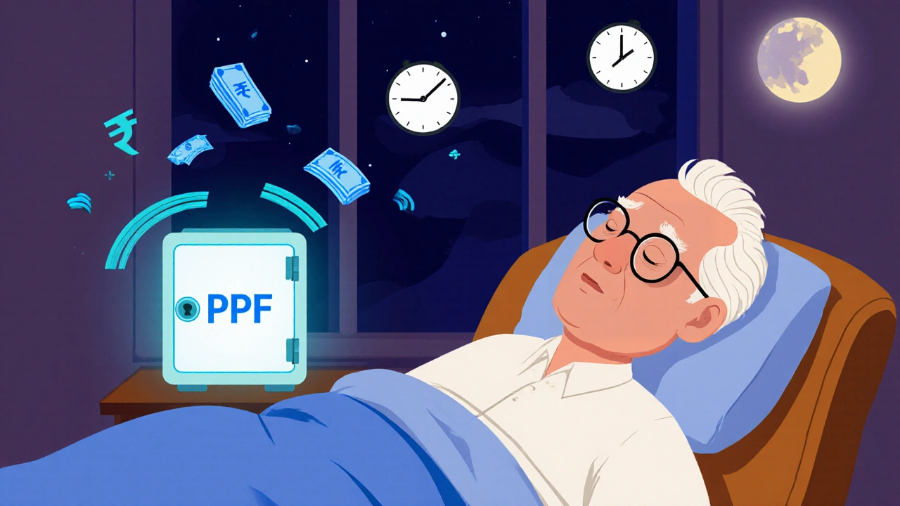 An older man sleeps peacefully beside a glowing PPF safe, radiating calm and security.