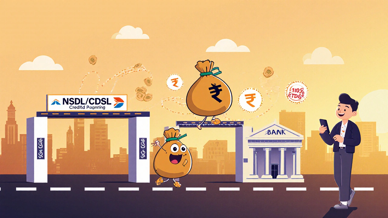 Animated money bag travels through settlement steps to reach a bank account with tax icons