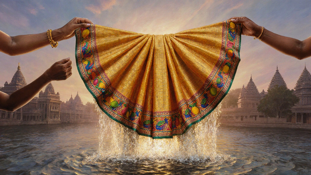 Banarasi saree floating above the Sangam, its motifs transforming into symbolic patterns.