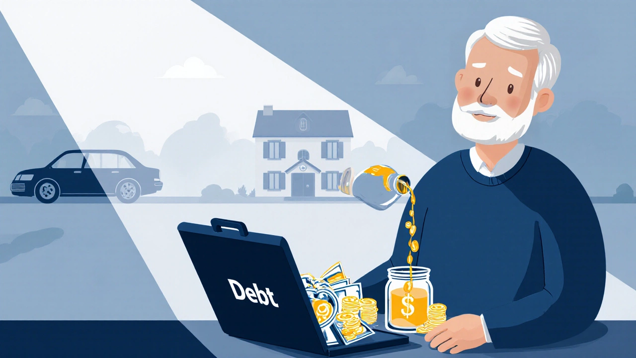 Calm person with debt funds and steady coins, representing stable income and safety.