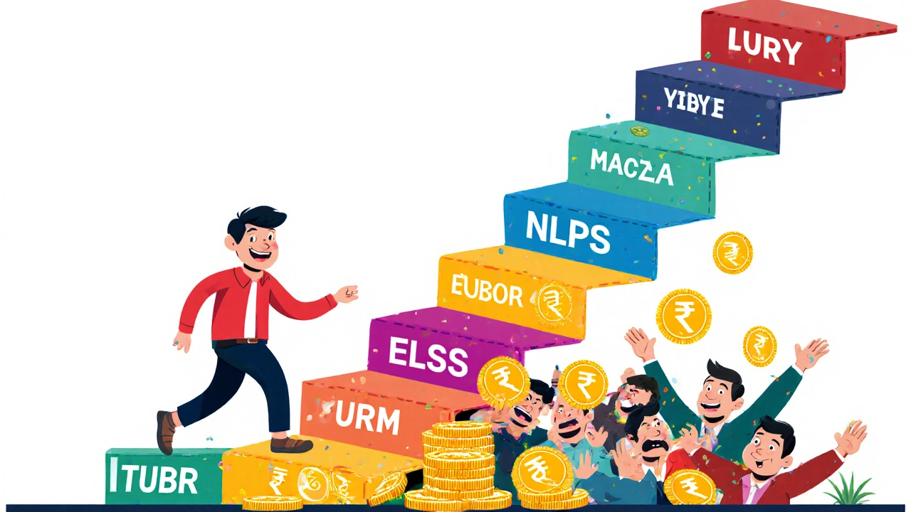 Colorful financial ladder with monthly investments leading to steady growth