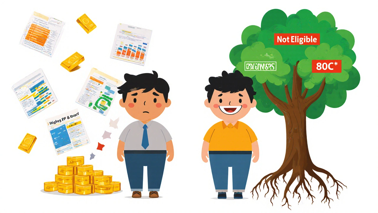 Confused person beside clean tax-eligible options: EPF and NPS growing into a savings tree.
