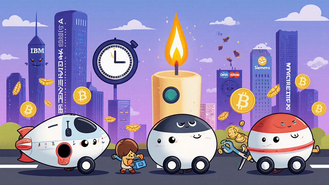 Cute parachain vehicles traveling together on a shared highway with DOT tokens as golden leaves