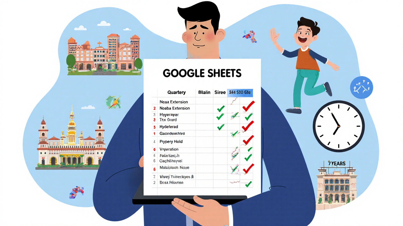 Disciplined investor tracking ROI on tablet with growth icons for Noida and Hyderabad