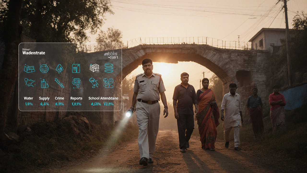 DM inspecting a damaged bridge in a rural village, holding a flashlight and viewing real-time data on a tablet.