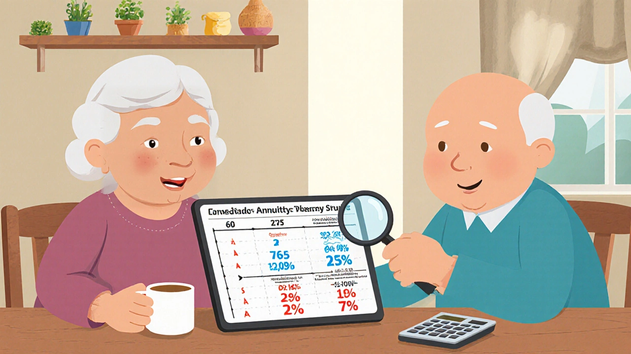 Elderly couple comparing annuity provider payouts on a tablet at home, making informed retirement decisions.