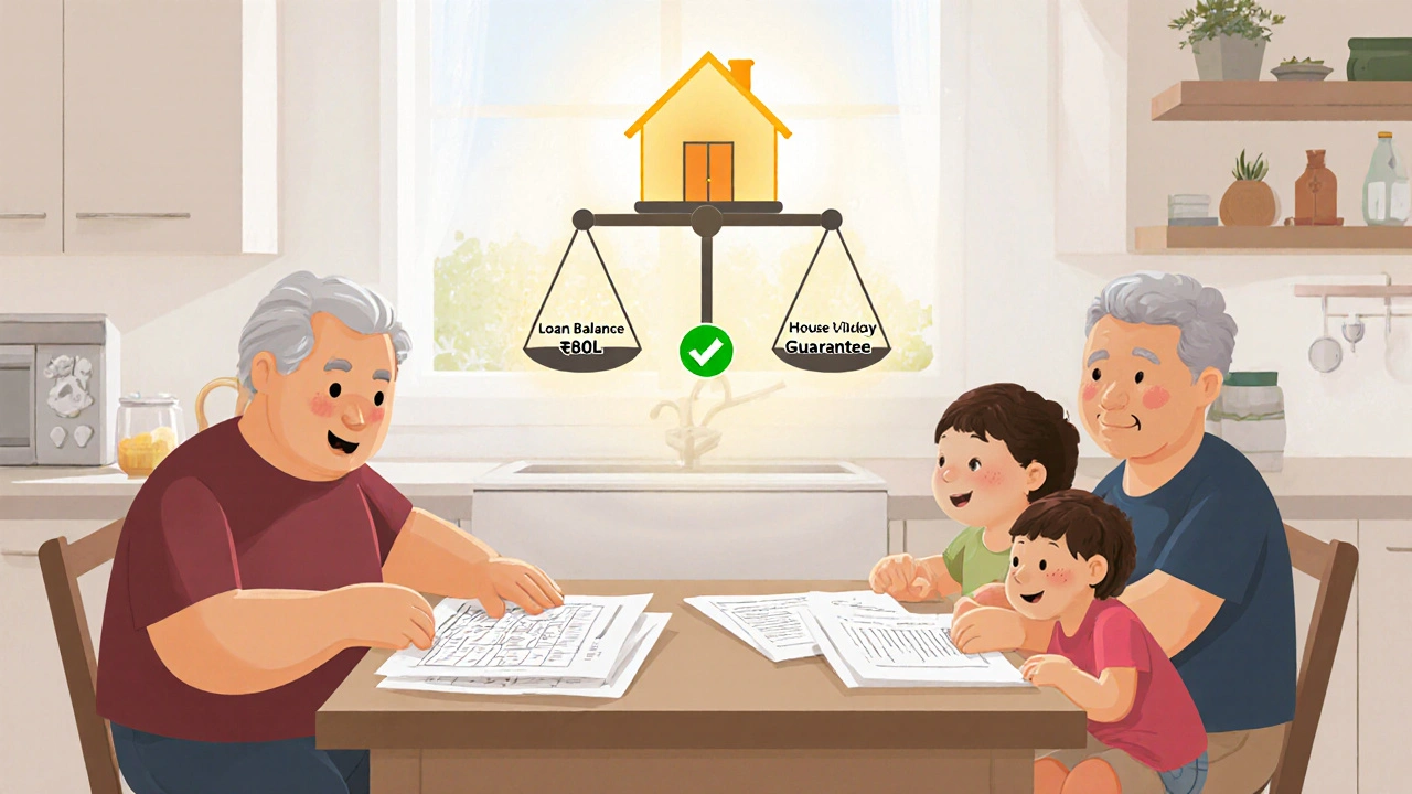 Family discussing reverse mortgage documents at a kitchen table, with a balanced scale showing home value exceeds loan amount.