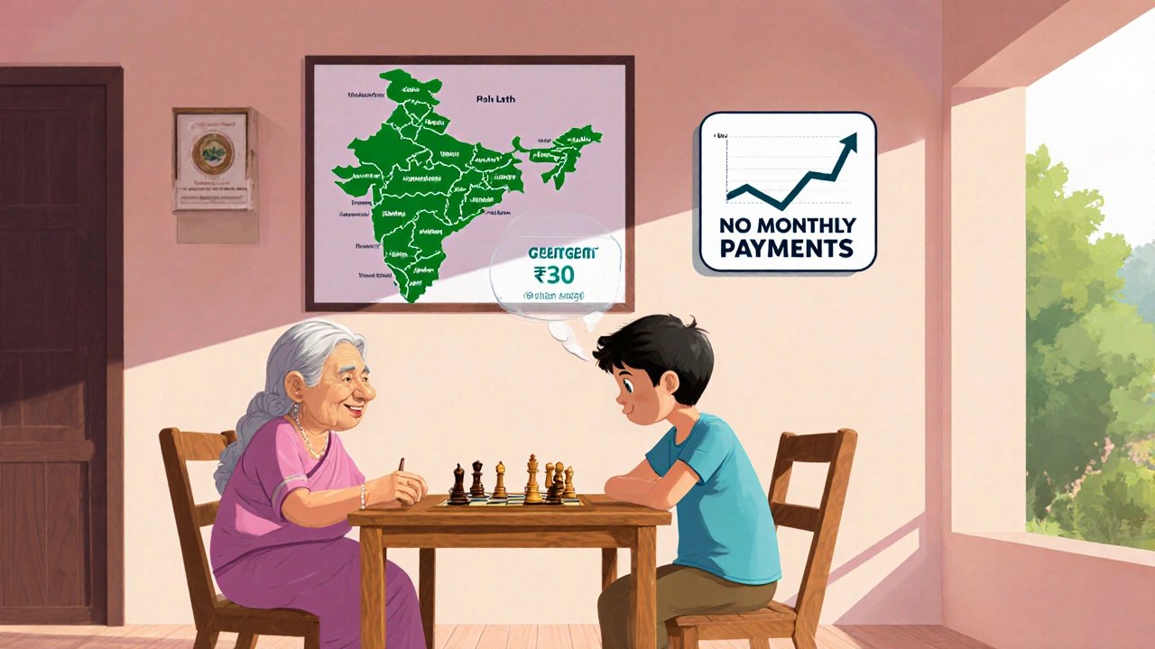 Grandmother and grandson playing chess in a home veranda, with a visual representation of reverse mortgage funds rising from their house.