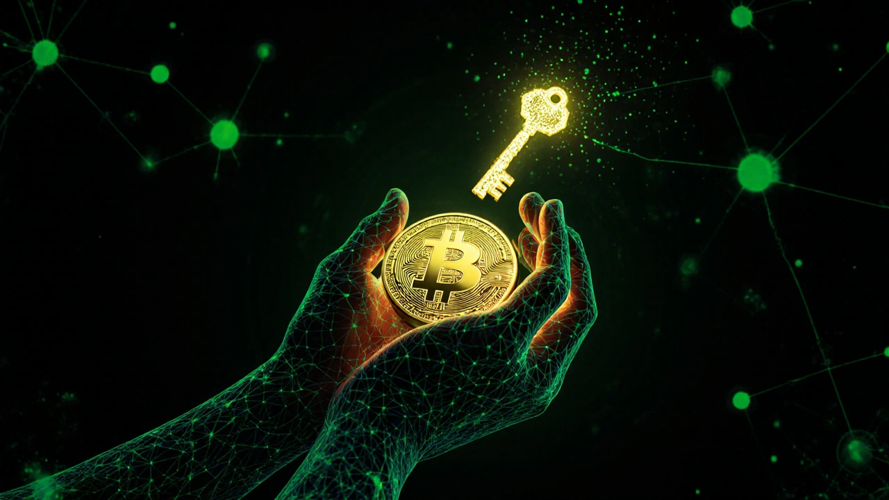 Hands holding a glowing blockchain key, symbolizing control over Bitcoin private keys.