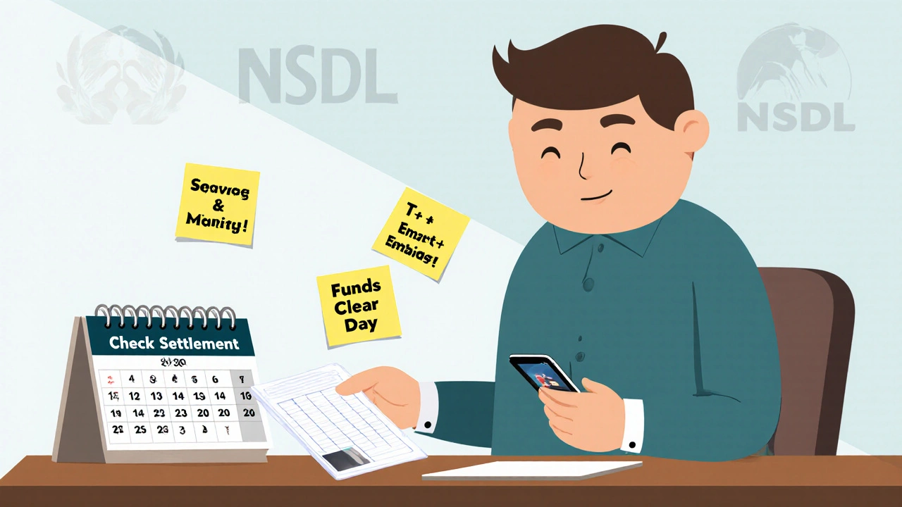 Investor checking printed holiday calendar with sticky notes and broker alert on phone screen.