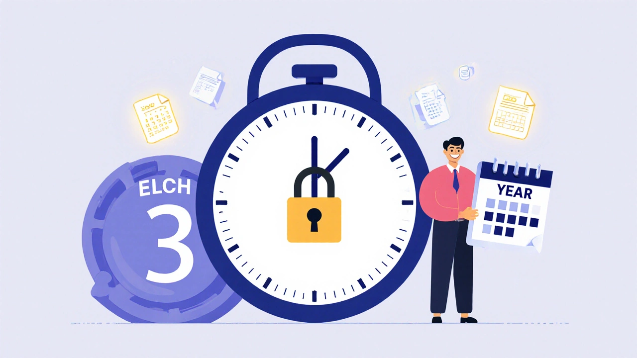 Investor waiting beside an ELSS fund with a 3-year lock-in clock, ready to switch after lock-in ends.