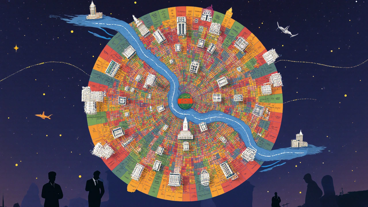 Map of 75 Uttar Pradesh districts centered on Prayagraj, with rivers and officer silhouettes showing administrative network.