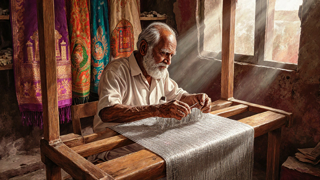 Master weaver working on a traditional handloom with gold zari threads in Prayagraj.