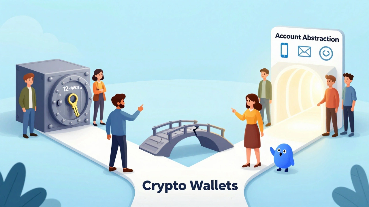 People at a crossroads choosing between complex crypto barriers and a smooth path to simplified wallets.