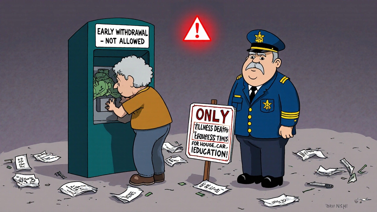 Person denied early NPS withdrawal for non-approved reasons, with official sign blocking the request.