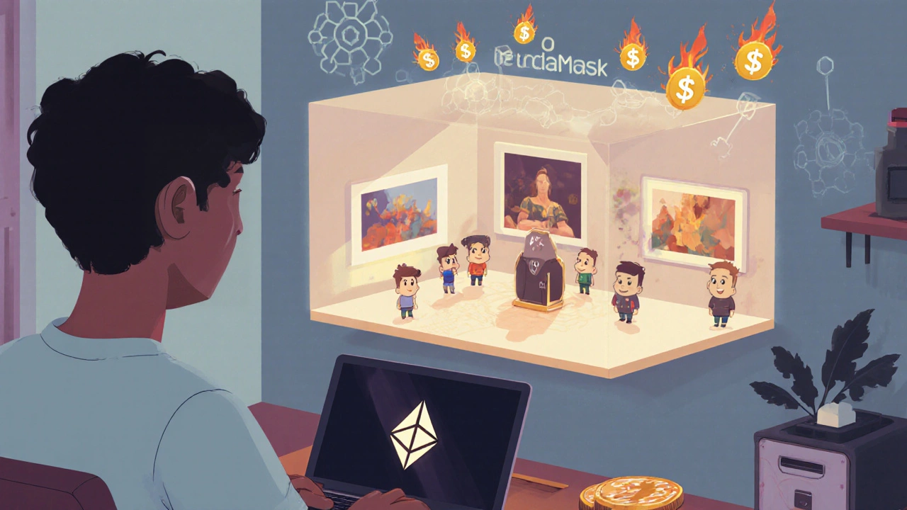 Person viewing a holographic digital art gallery from their home office, with a crypto wallet nearby.