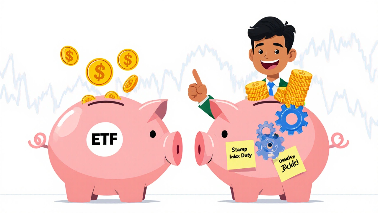 Side-by-side piggy banks showing ETF vs index fund cost differences