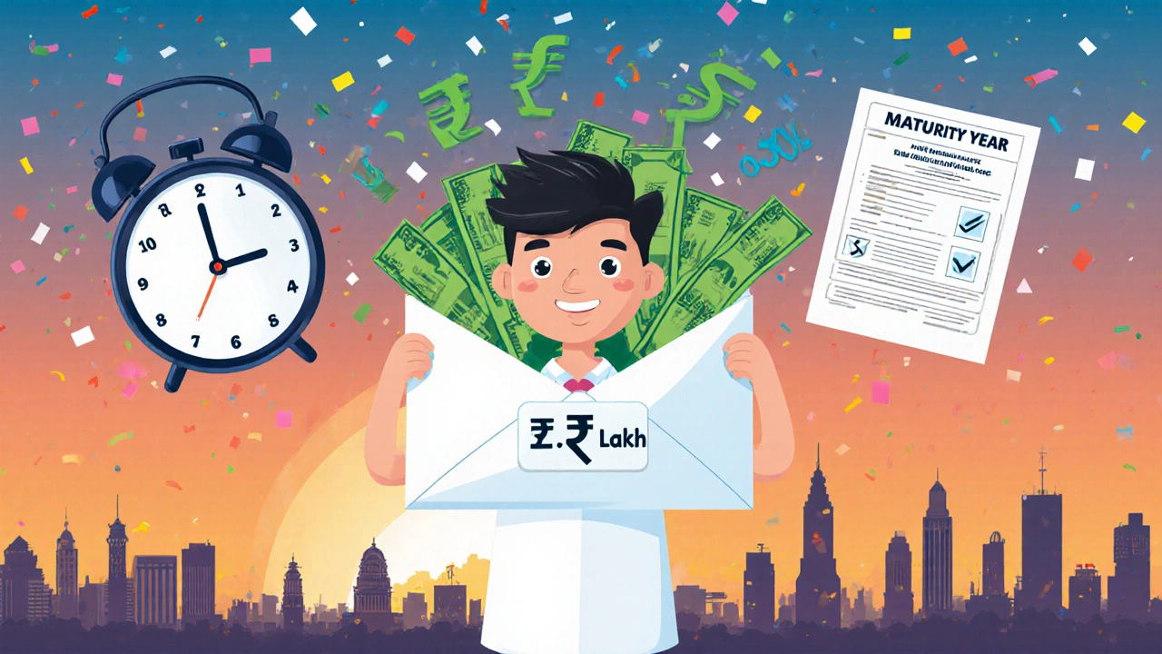 Someone celebrating the maturity of a tax-saving FD with a large payout envelope.