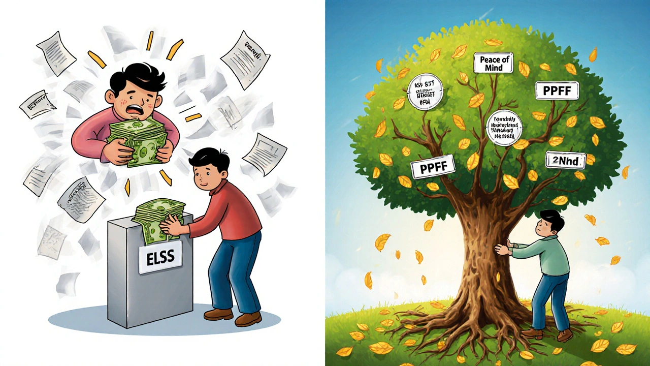 Stressed vs calm investor comparing lump-sum and monthly tax-saving strategies