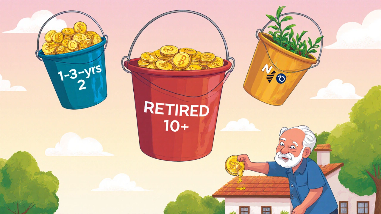 Three colorful buckets representing retirement funds, being refilled during a market upswing.
