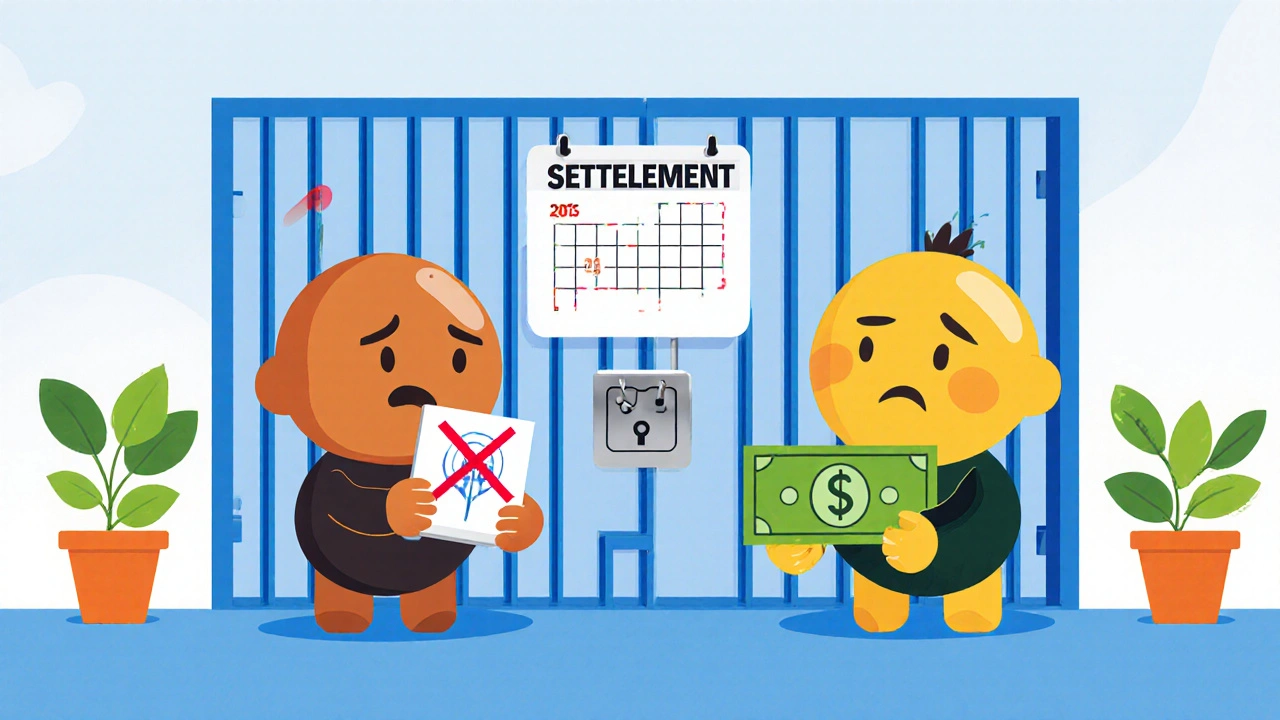 Two characters trapped behind gate labeled &#039;Settlement Holiday&#039; with calendar showing red X.