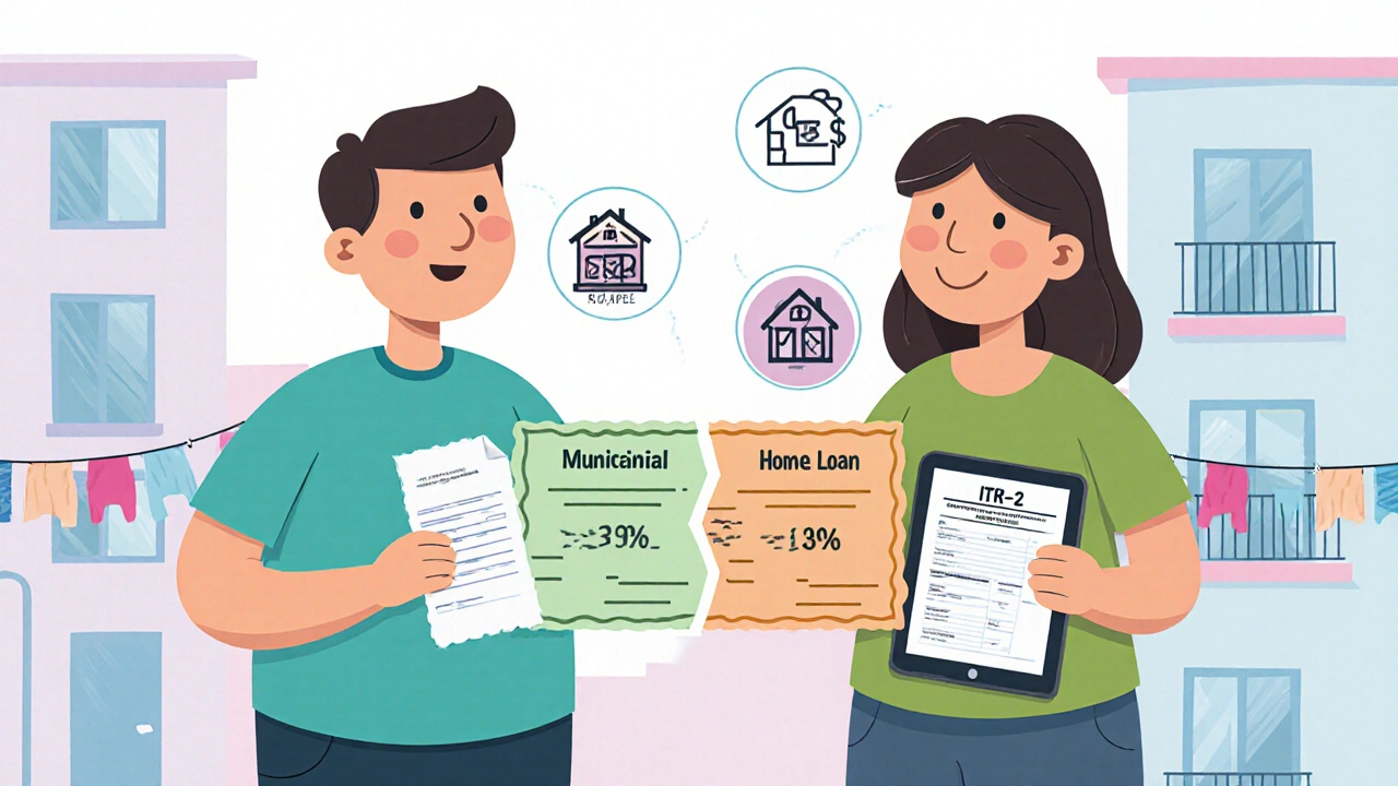 Two co-owners splitting rental income and deductions with a property map and receipts.
