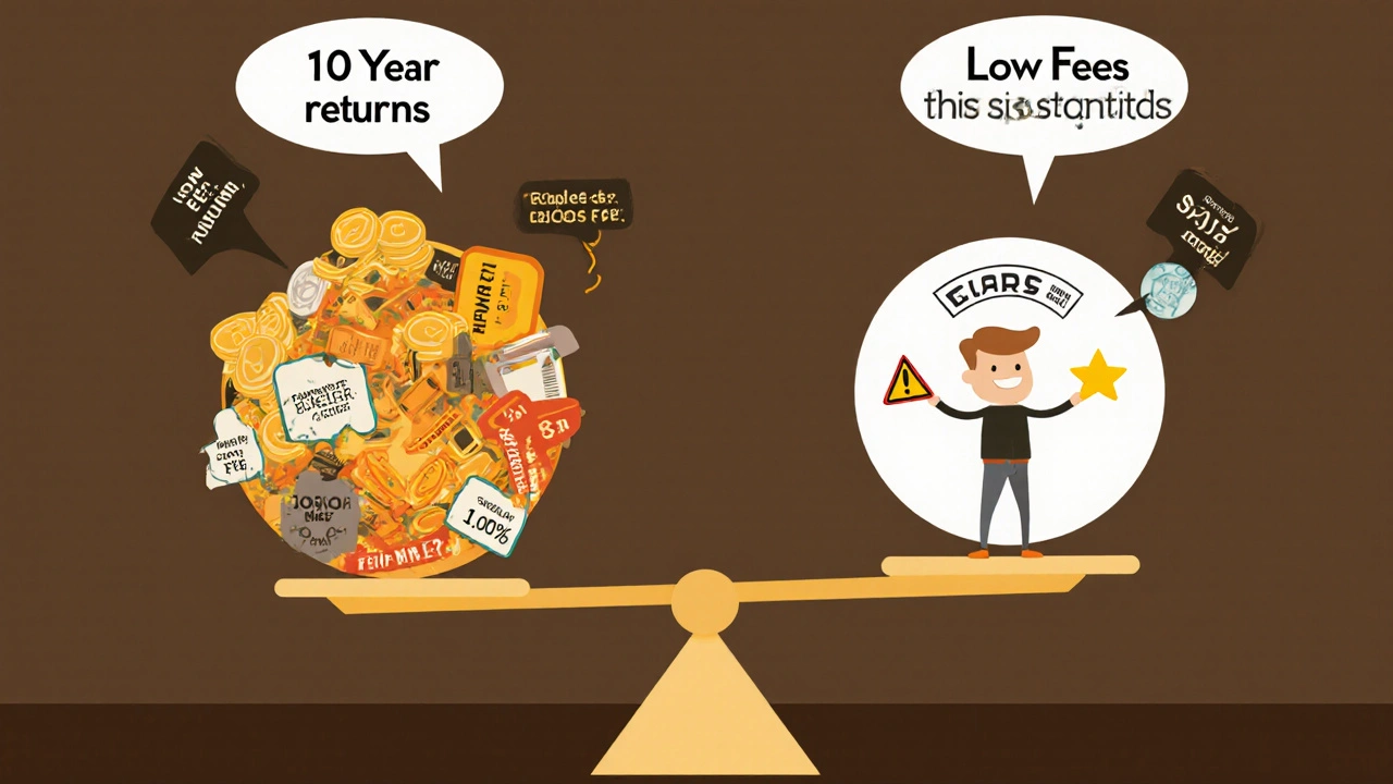 Two investors comparing high-fee and low-fee ELSS funds on a tipping scale