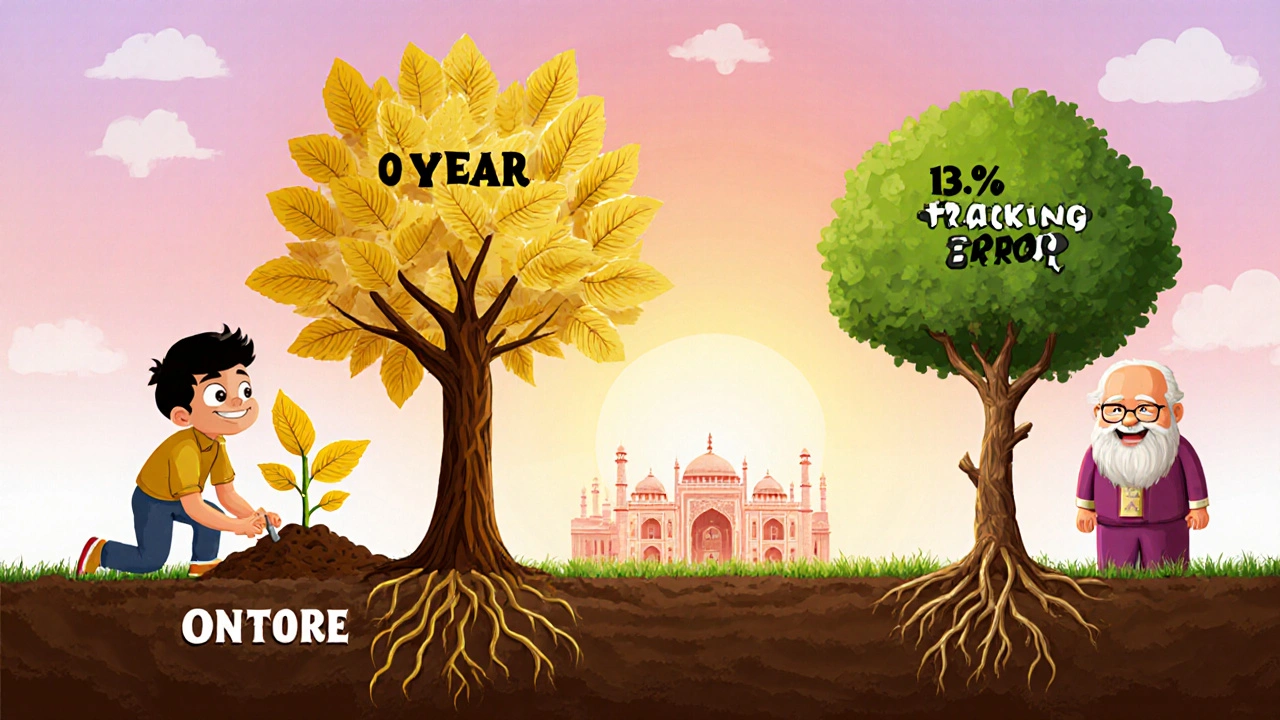 Two trees growing over 20 years, representing low vs high tracking error impact
