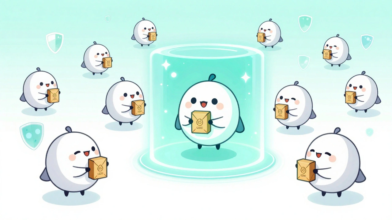 Users sending USDC through a seamless portal with cute drone-birds transporting packets.