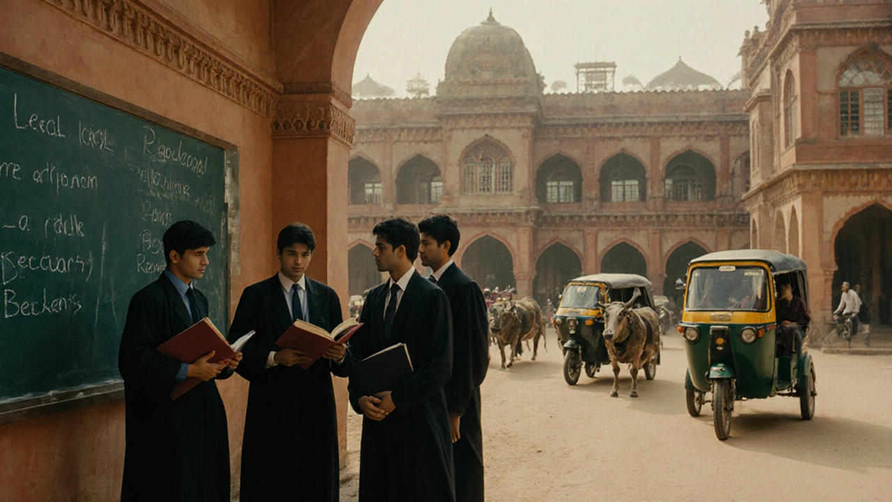 Young graduates analyzing legal cases in a courtyard near a historic university building.