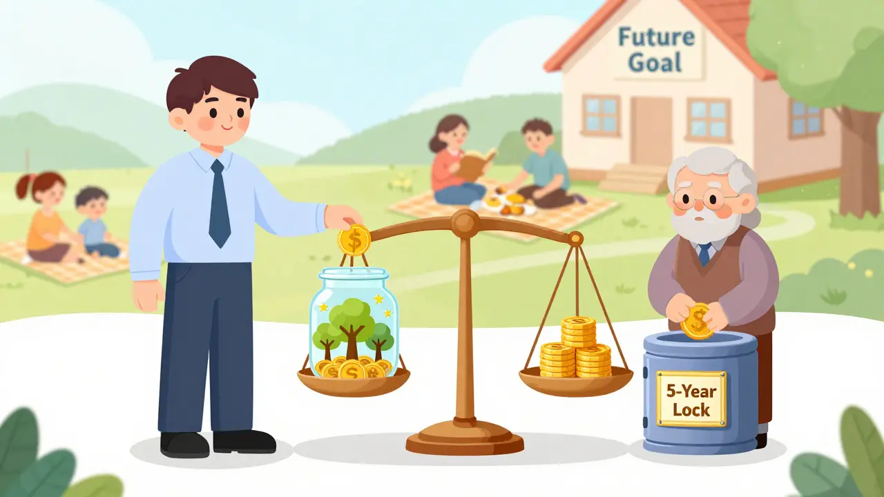 A balanced scale with a young person investing in ELSS and an older person using Tax-Saving FD, symbolizing growth vs safety.