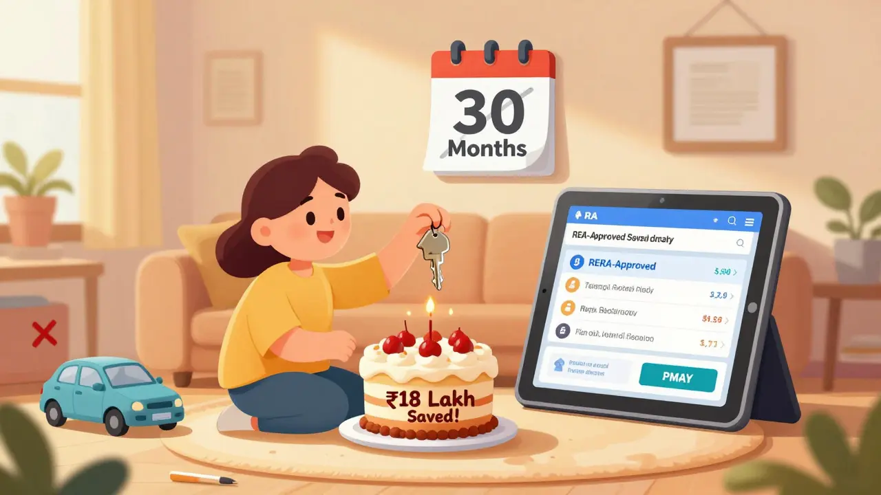 A couple celebrating their saved down payment with a house key, while a government subsidy notification appears on a tablet.