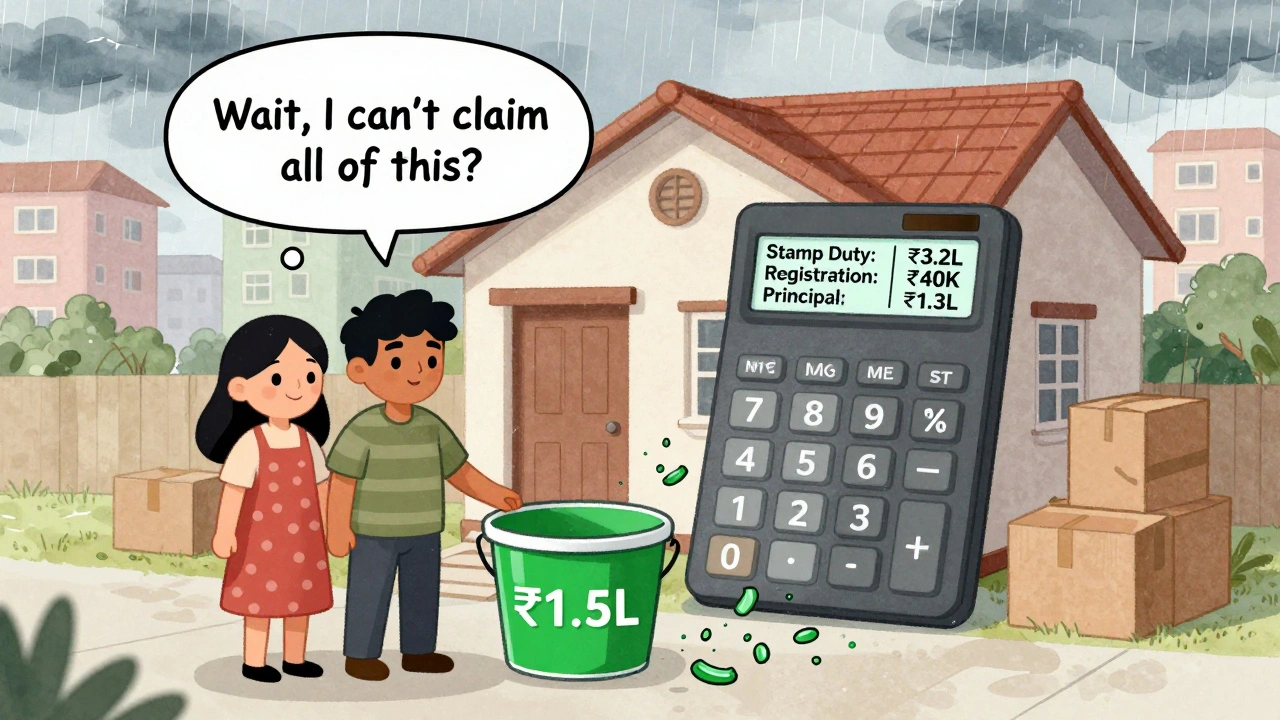 A couple in front of a new home watching tax deductions spill over a budget bucket.