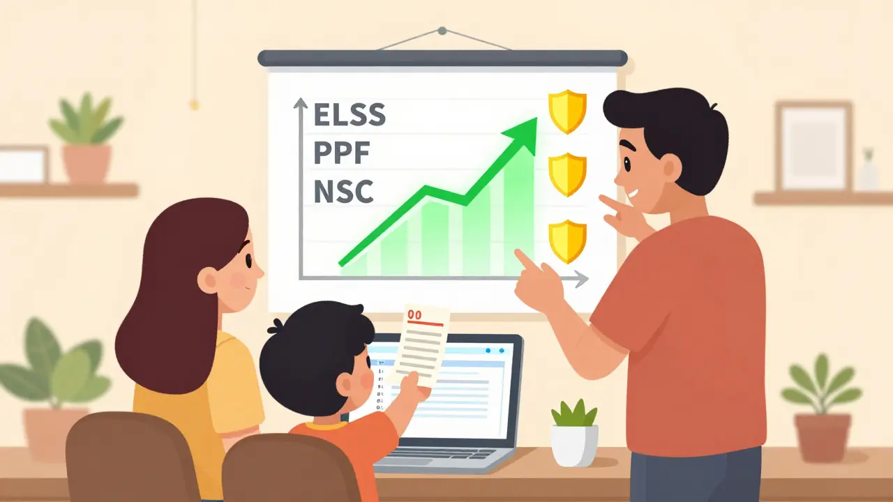 A couple reviews 80C investment options on a chart, with their child holding a tuition receipt in a cozy home office.