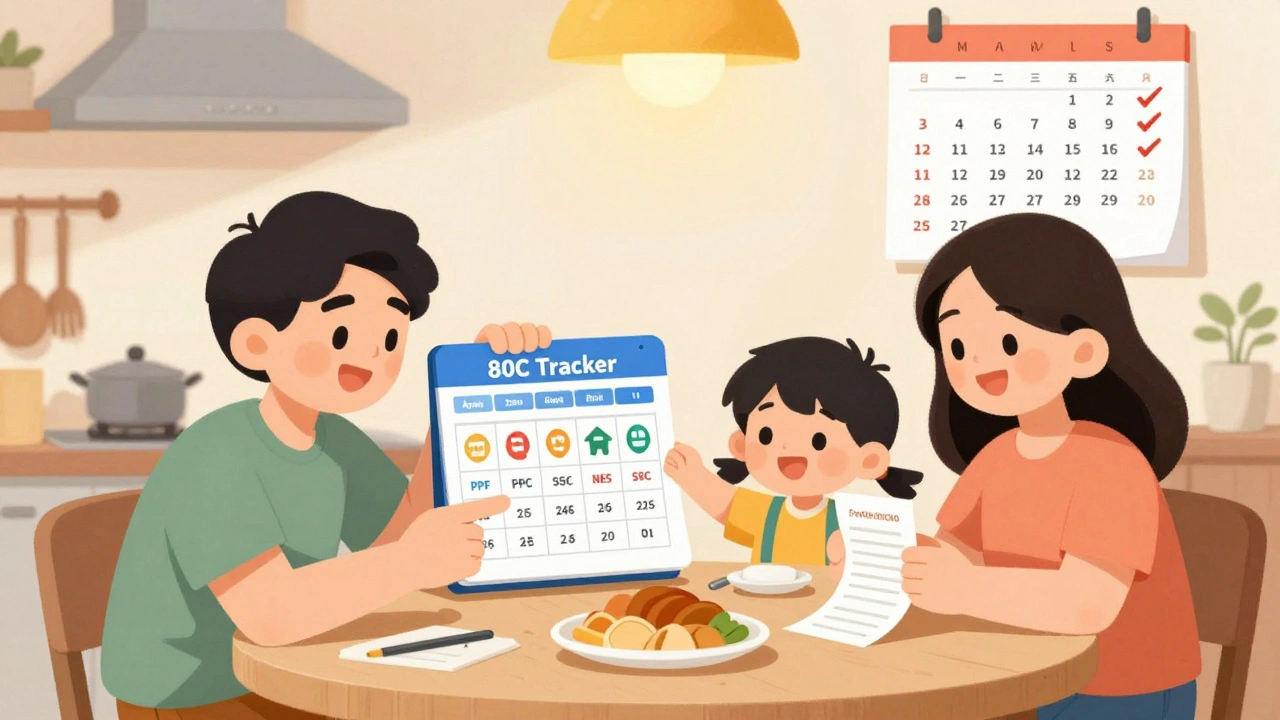 A family reviewing a spreadsheet for 80C deductions at home, with tuition receipts and investment icons visible.