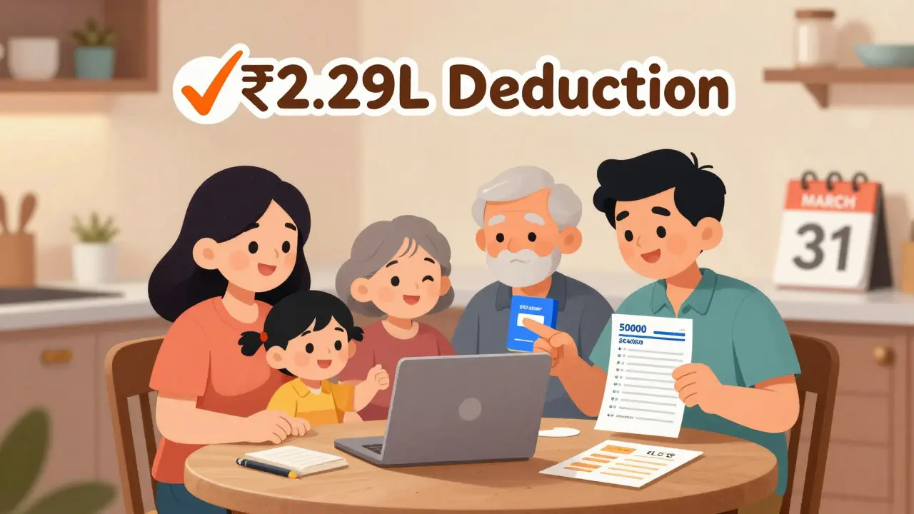 A family reviewing tax documents with digital payment receipt and savings statements on a kitchen table.