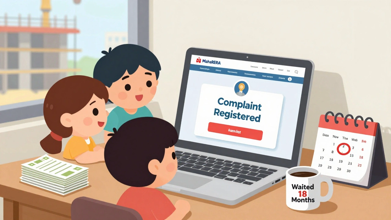 A family watches a RERA complaint confirmation on a laptop, surrounded by payment receipts and a calendar marked with delay.