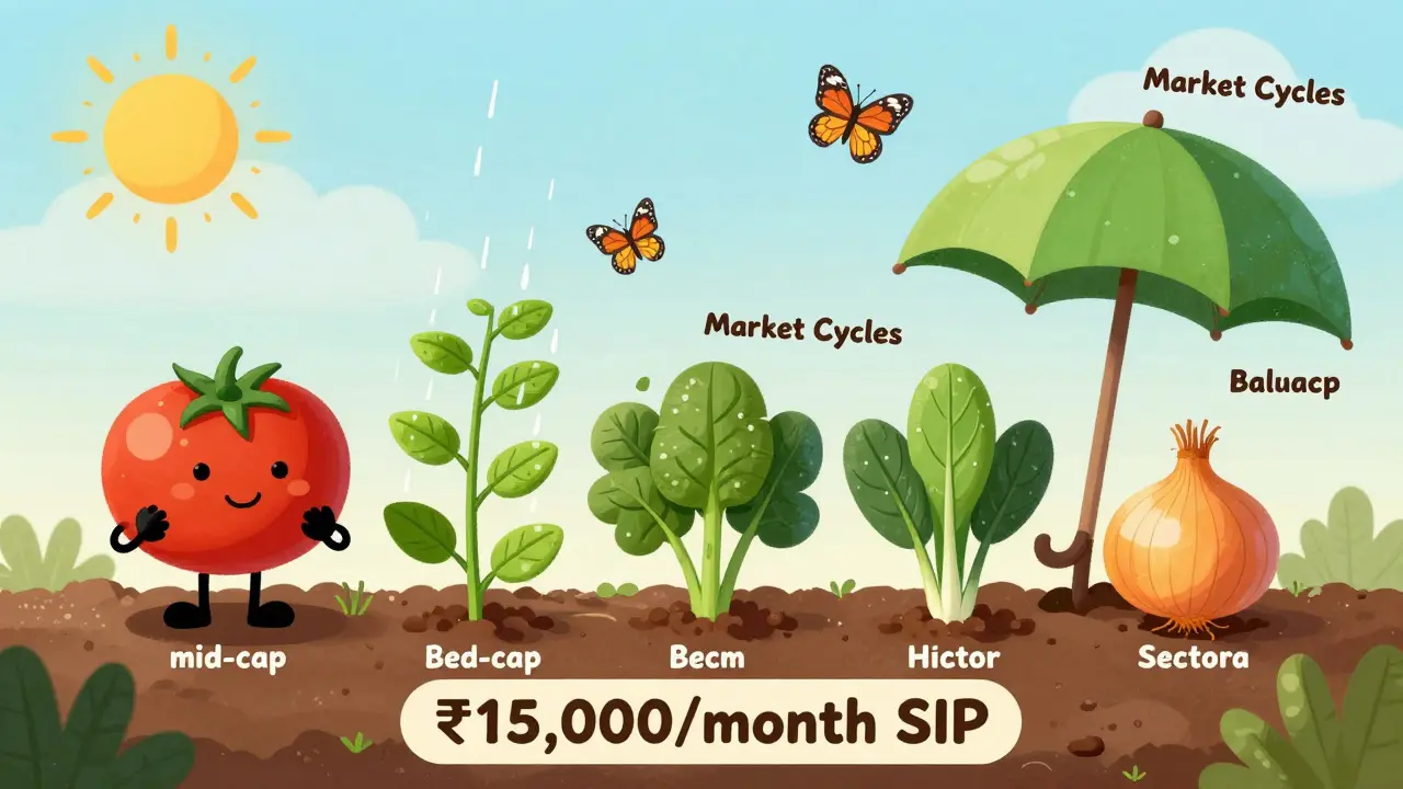 A garden of five vegetable plants represents diversified mutual fund investments under a protective umbrella.