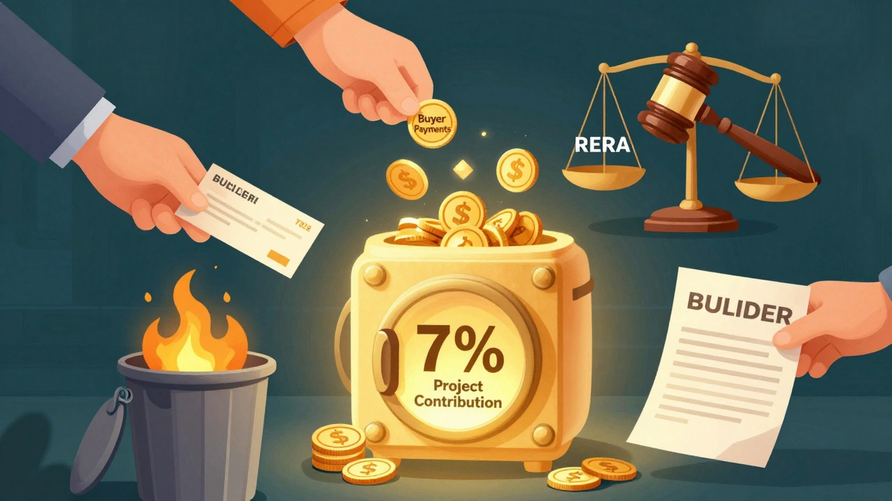 A glowing fund vault releases a refund check while a builder&#039;s contract burns, symbolizing buyer protection under RERA.