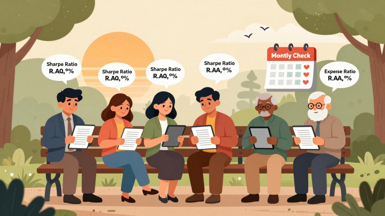 A group of Indian investors checking their mutual fund factsheets together in a park during sunset, symbolizing regular financial habits.