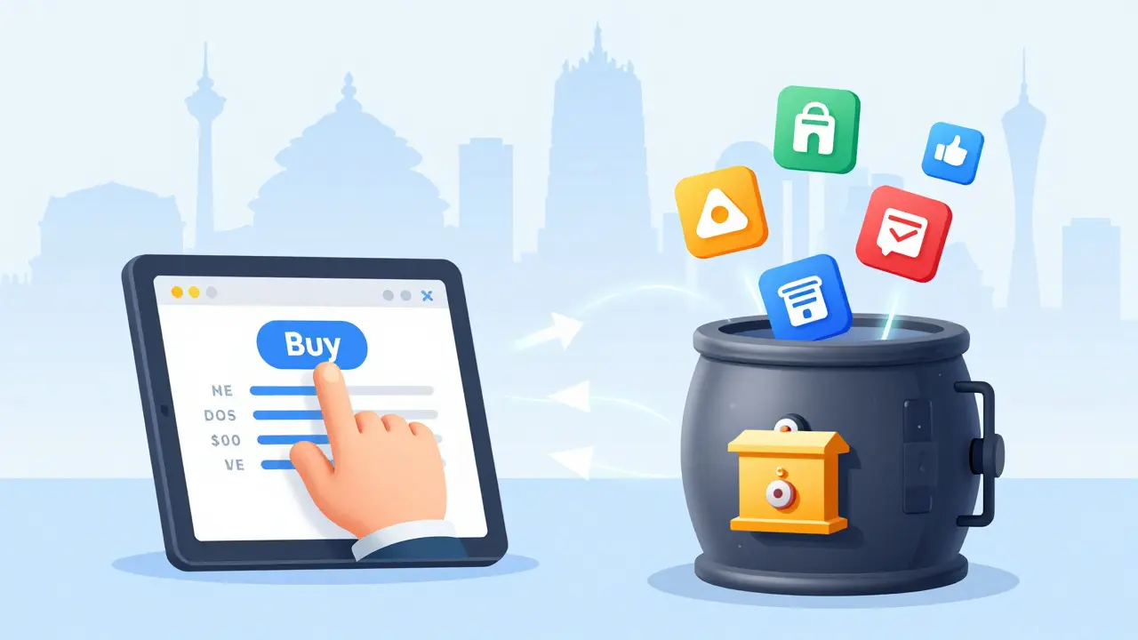 A hand clicks 'Buy' on a tablet, sending shares into a digital vault as money flows from a bank account.