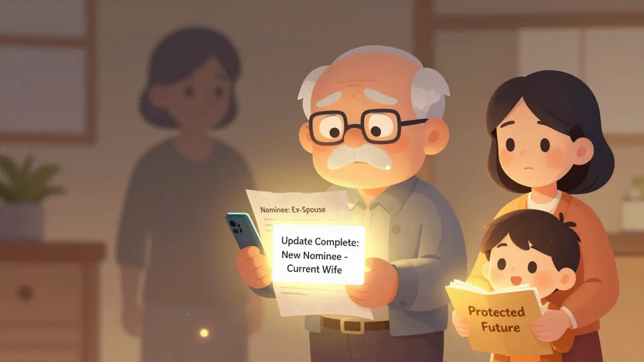 A man replacing an ex-spouse as nominee with his current wife, symbolizing updated protection.