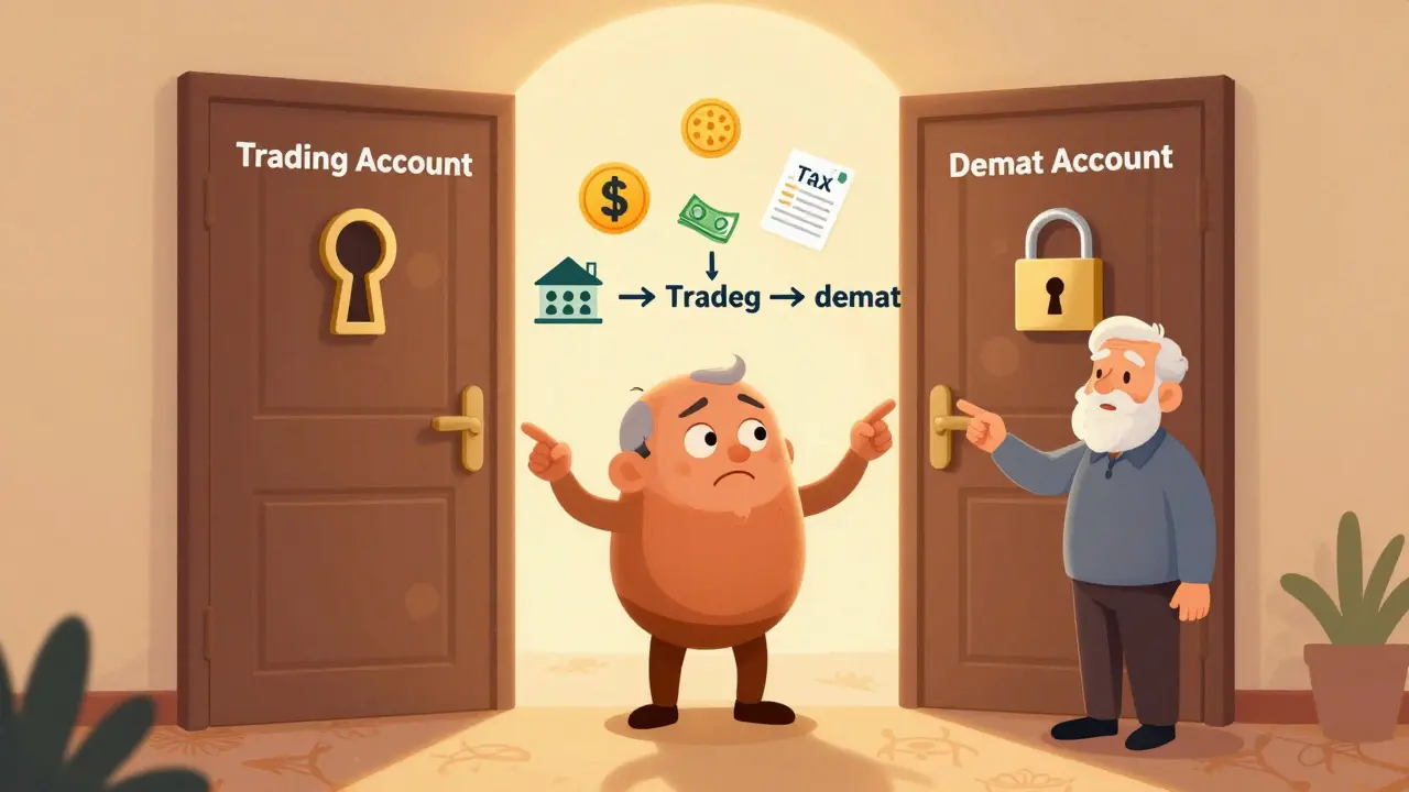 A new investor stands between two doors labeled Trading and Demat, guided by a mentor showing how they work together.