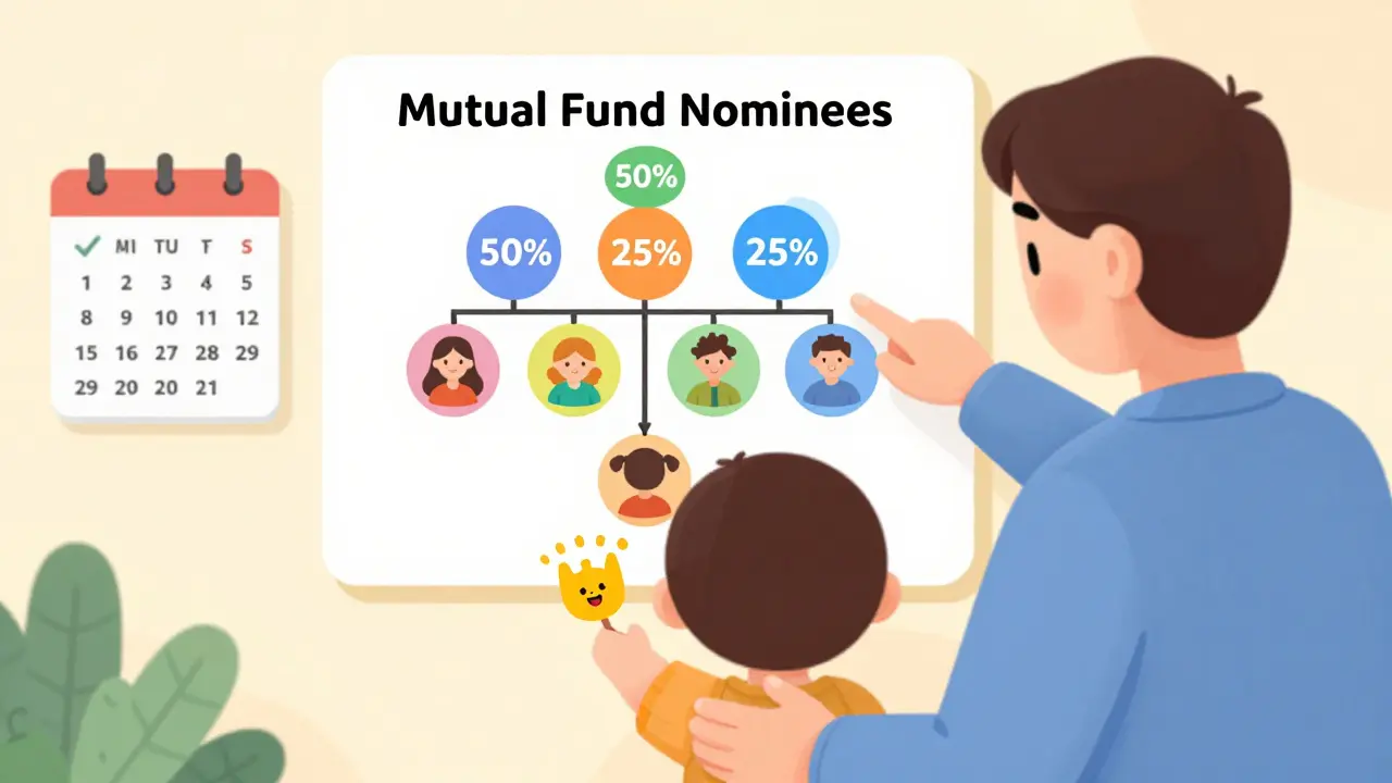 A parent explaining mutual fund nominees to their child using a colorful family chart.