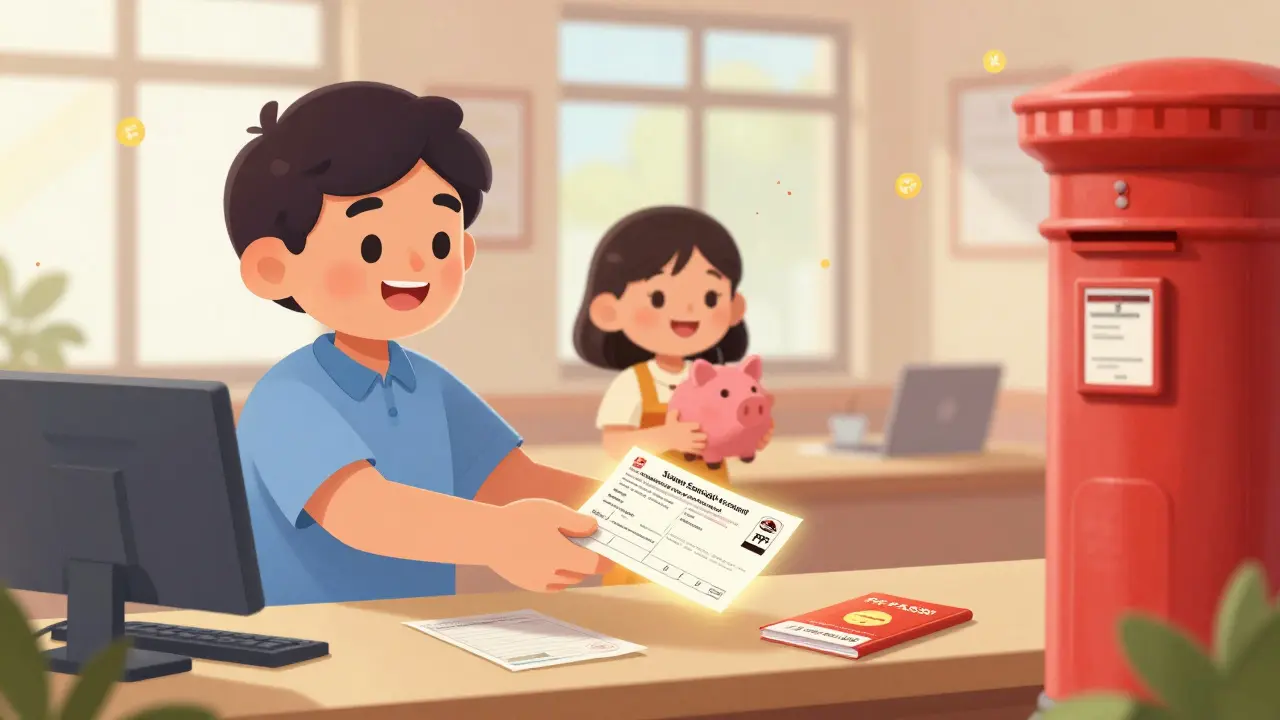 A parent submitting tuition receipts at a post office with a Sukanya Samriddhi form and PPF passbook.