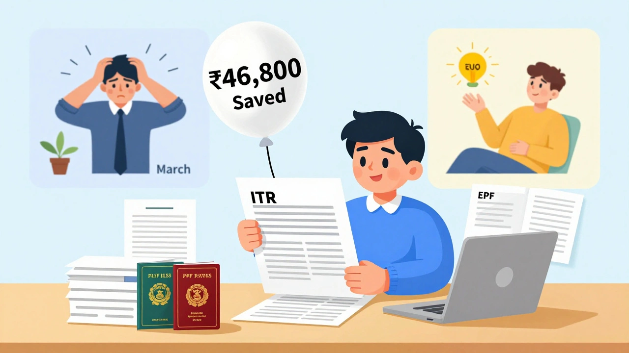 A person filing taxes with a &#039;₹46,800 Saved&#039; balloon above, surrounded by proof documents and investment records.