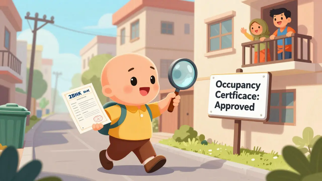 A person inspecting an apartment in Indore with RERA documents and friendly neighbors.